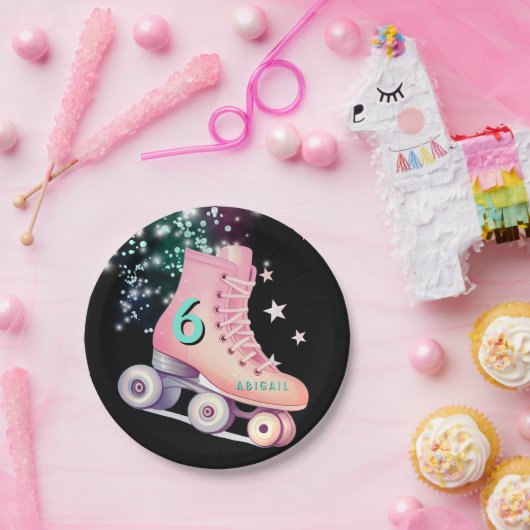 Assiettes En Carton Fille Patinage Fête Noir Neon Anniversaire (Fête)