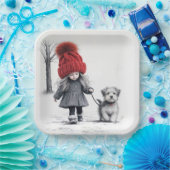 Assiettes En Carton Fille Portant un Casquette de Knit 3D avec chien (Fête)