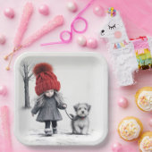 Assiettes En Carton Fille Portant un Casquette de Knit 3D avec chien (Fête)