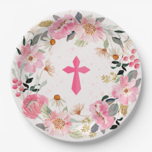 Assiettes En Carton Fille première communion aquarelle rose floral