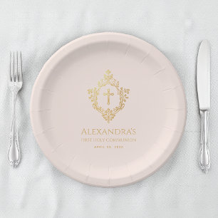 Assiettes En Carton Fille Première Communion Rose Vintage Faux Gold Cr