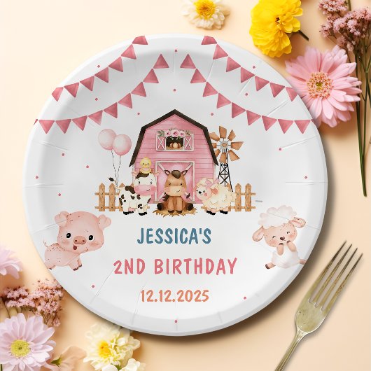 Assiettes En Carton Fille rose Animaux de ferme Anniversaire