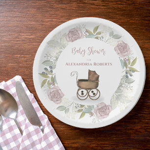 Assiettes En Carton Fille rose Baby shower Floral Vintage Personnalisé
