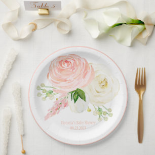 Assiettes En Carton Fille rose Floral Aquarelle Nom Baby shower