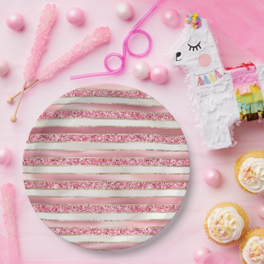 Assiettes En Carton Fille rose perle Parties scintillant rayures (Fête)