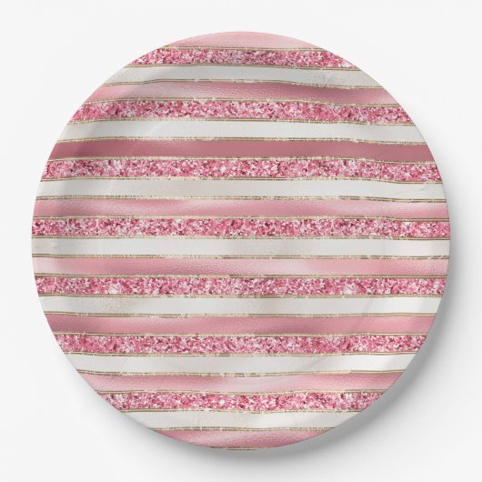 Assiettes En Carton Fille rose perle Parties scintillant rayures (Devant)