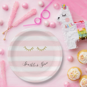 Assiettes En Carton Fille rose rayures Parties scintillant or Eyelashe