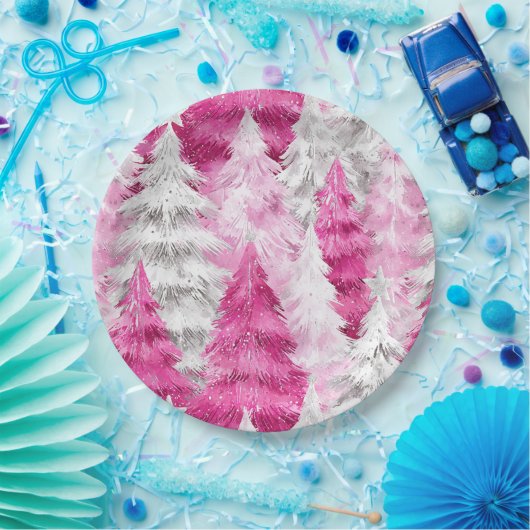 Assiettes En Carton Fille rose Silver Glam Arbres de Noël Stripes (Fête)