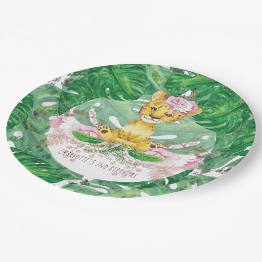Assiettes En Carton Fille Safari Lion Illustration personnalisée (Angle)