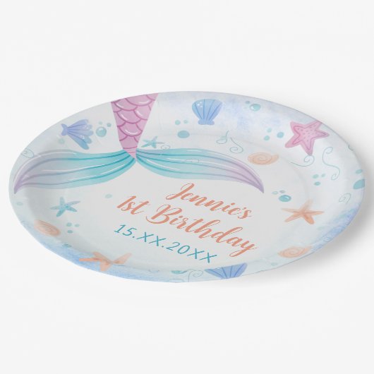 Assiettes En Carton Fille Sirène 1ère fête d'anniversaire (Angle)