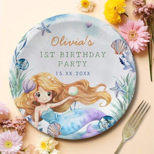 Assiettes En Carton Fille Sirène 1ère fête d'anniversaire