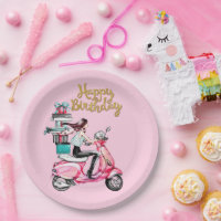 Fille sur scooter transportant des cadeaux