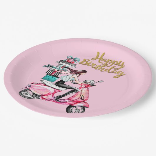 Assiettes En Carton Fille sur scooter transportant Présents (Angle)