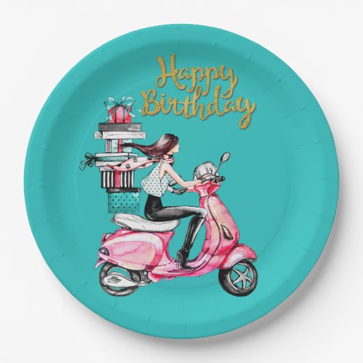 Assiettes En Carton Fille sur scooter transportant Présents (Devant)