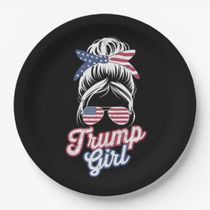 Assiettes En Carton Fille Trump Chignon Décoiffé Vintage Drapeau Améri