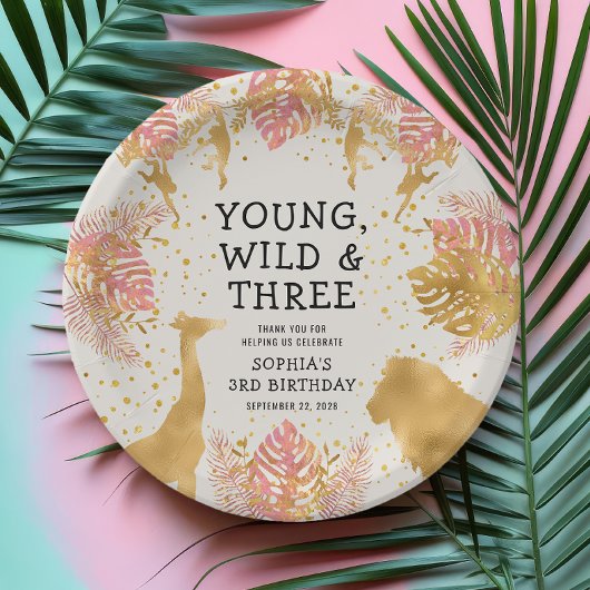 Assiettes En Carton Filles 3e anniversaire fête Pink Gold Ecru Safari