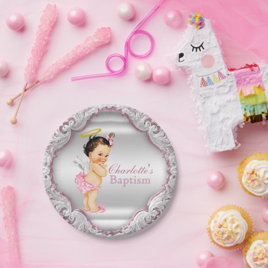 Assiettes En Carton Filles Ange Rose Baptême (Fête)