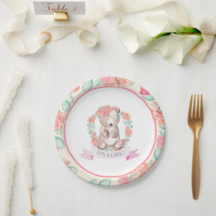 Assiettes En Carton Filles Aquarelle Floral Baby shower de l'ours bébé