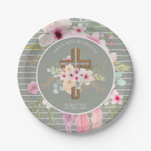 Assiettes En Carton Filles Croix Florale Bautizo Baptême rose Fleurs