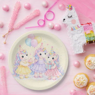 Assiettes En Carton Filles Licorne Anniversaire Aquarelle Pastel