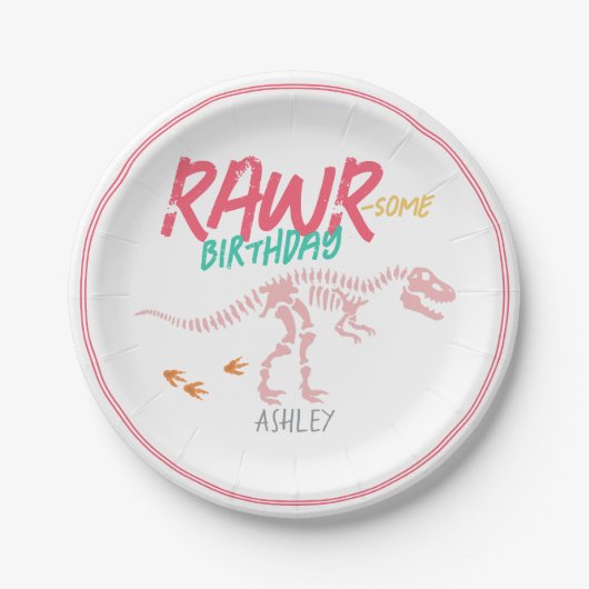 Assiettes En Carton Filles mignonnes Dinosaure Rose Dinosaure Annivers (Devant)
