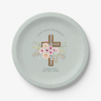 Assiettes En Carton Filles Pink floral BAUTIZO Baptism Bautismo Nommé