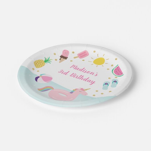 Assiettes En Carton Filles Pool Party Glace Crème soleil Anniversaire (Angle)