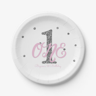 Assiettes En Carton Filles Rose & Argent ONE 1er anniversaire