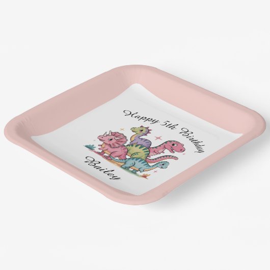 Assiettes En Carton Filles roses Dinosaure Anniversaire (Angulaire)