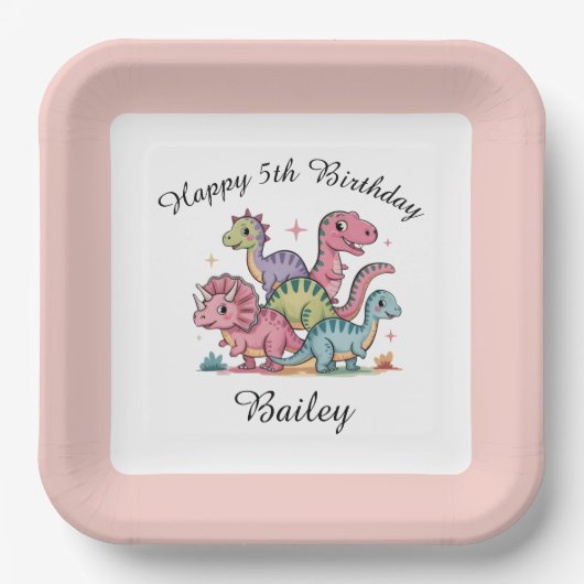Assiettes En Carton Filles roses Dinosaure Anniversaire (Recto)