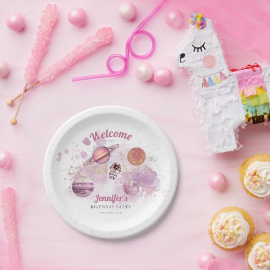 Assiettes En Carton Filles roses extra-spatiales Rocket Planètes Galax (Fête)