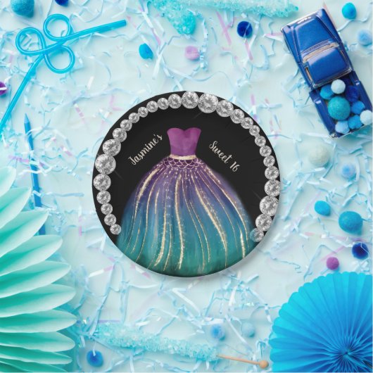 Assiettes En Carton Filles Sweet 16 Ombre robe et strass (Fête)