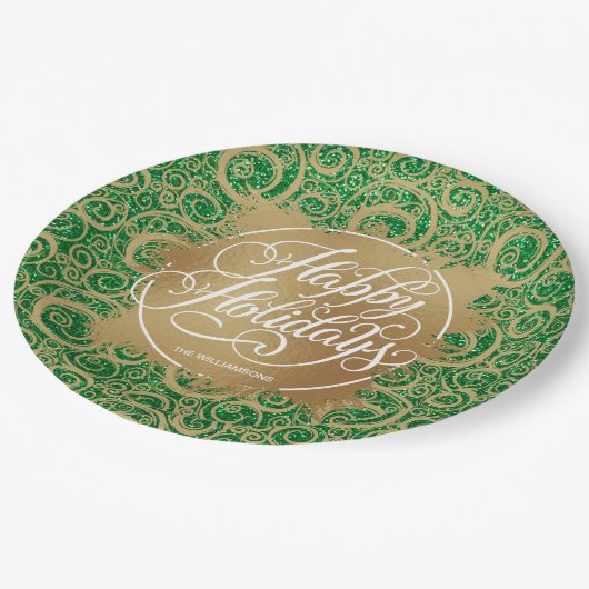 Assiettes En Carton Fils et Gold Faux Foil Noël vert (Angle)