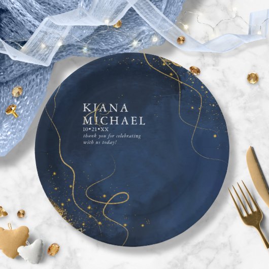 Assiettes En Carton Fine Lines Gold Abstrait Mariage V1 Navy ID867