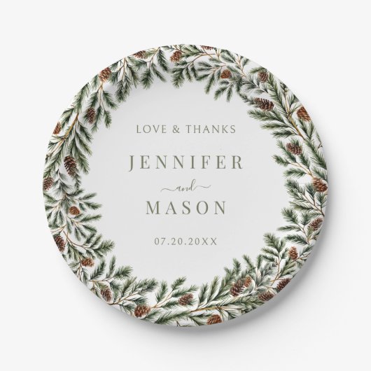 Assiettes En Carton Fir Pine Cones Wreath Noël Mariage d'hiver (Devant)