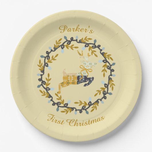 Assiettes En Carton First Christmas Deer with Wreath Soft Yellow (Devant)