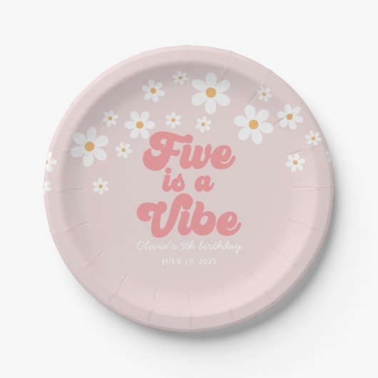 Assiettes En Carton Five est Vibe Retro Daisy Pink 5e anniversaire (Devant)