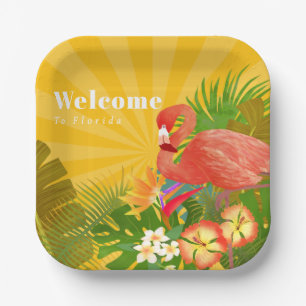 Assiettes En Carton Flamant Floride Bienvenue Jaune Orange
