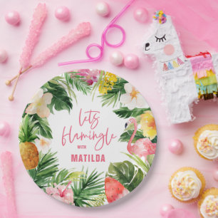 Assiettes En Carton flamant jaune rose fleuri tropical élégant