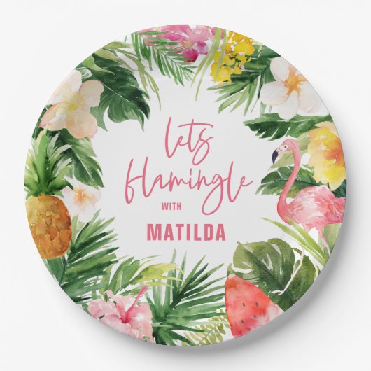 Assiettes En Carton flamant jaune rose fleuri tropical élégant (Devant)