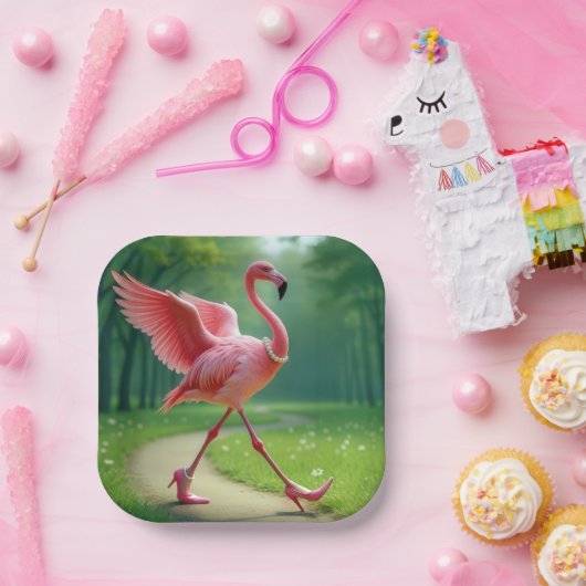 Assiettes En Carton Flamant rose à talons et perles hauts (Fête)