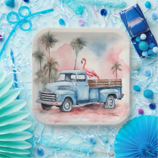 Assiettes En Carton Flamant rose Aquarelle En Camion Bleu Rétro (Fête)