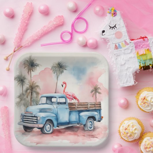 Assiettes En Carton Flamant rose Aquarelle En Camion Bleu Rétro (Fête)