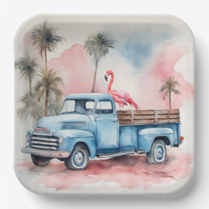 Assiettes En Carton Flamant rose Aquarelle En Camion Bleu Rétro
