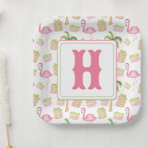 Assiettes En Carton Flamant Rose Aquarelle Monogramme de Noël de Plage
