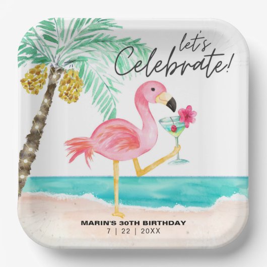 Assiettes En Carton Flamant rose Beach Party Cocktail tropical Anniver (Recto)