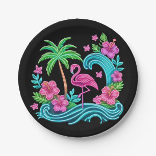 Assiettes En Carton Flamant rose de néon tropical