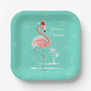 Assiettes En Carton Flamant rose de Noël Joyeux carré de Noël