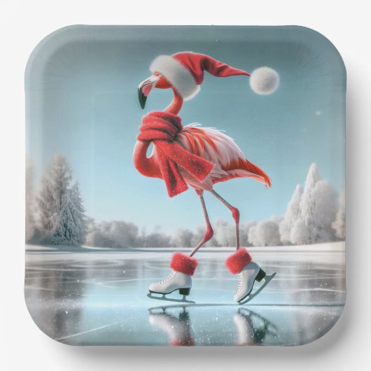 Assiettes En Carton Flamant rose de Noël Patinage sur glace (Recto)