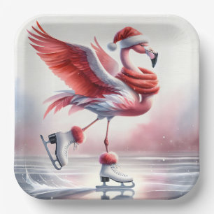 Assiettes En Carton Flamant rose De Noël Sur Patins